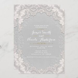 White Suede Leather Vintage Lace Western Wedding Invitation