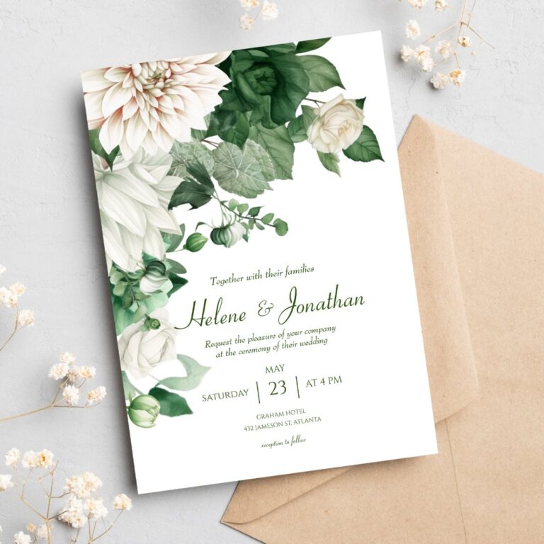 Modern Floral Watercolor Emerald Green Wedding Invitation