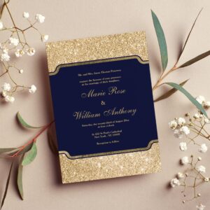 Modern trendy navy blue gold glitter Wedding Invitation