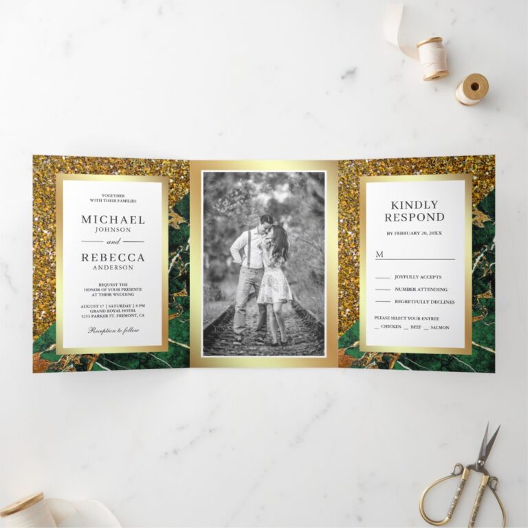 Gold Glitter Emerald Green Marble Photo Wedding Tri-Fold Invitation