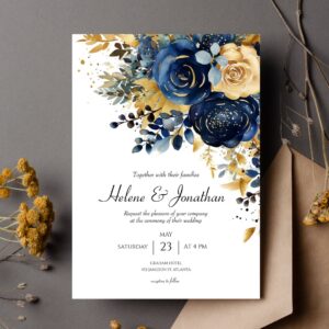 Modern Floral Navy Blue Gold Wedding Invitation