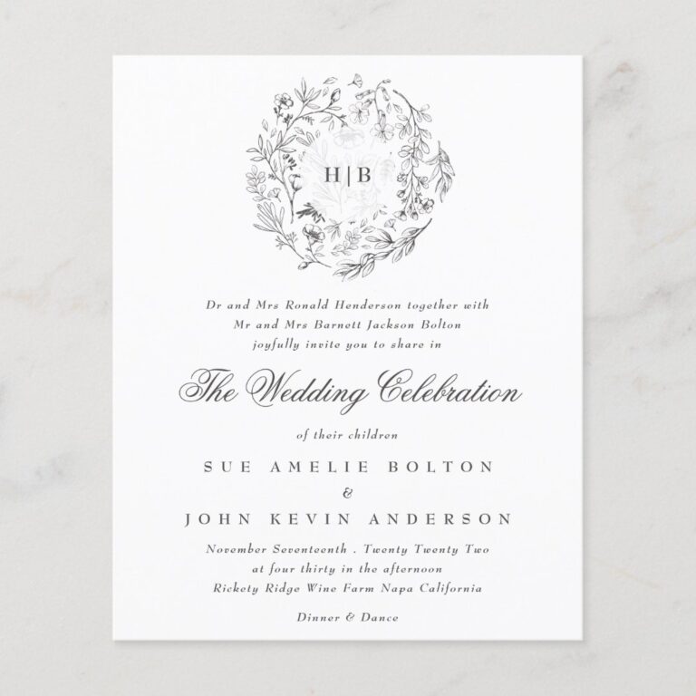 Monogram Classic Florals Budget Wedding Invitation