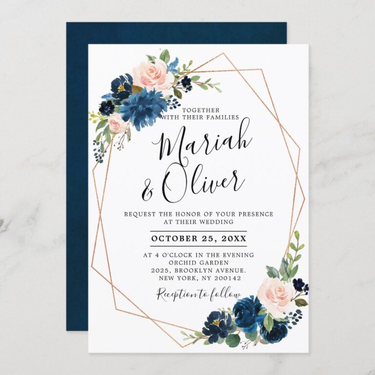 Burgundy Red Navy Blue Floral Geometric Wedding Invitation