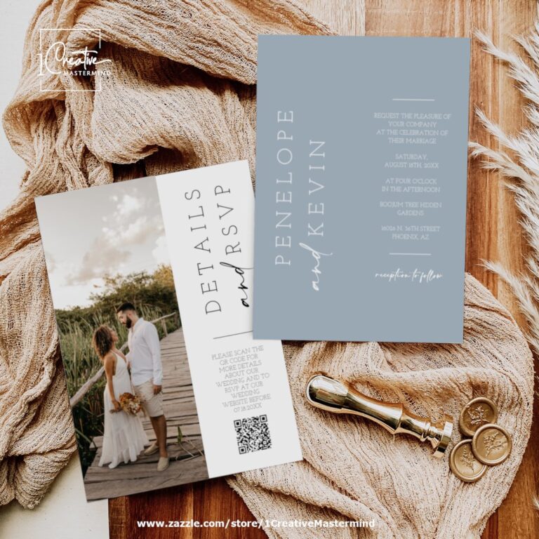 Dusty Blue Modern Minimalist Wedding Photo QR Code Invitation