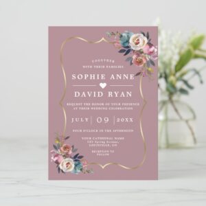 Elegant Dusty Blue Floral Misty Rose Gold Wedding Invitation