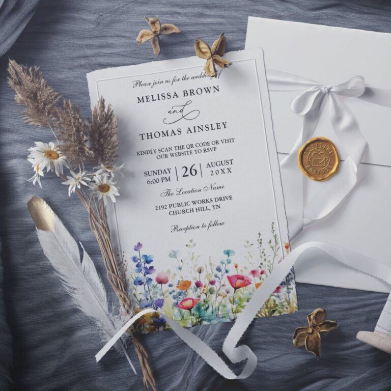 Wildflowers Elegant Modern Budget QR Code Wedding Invitation