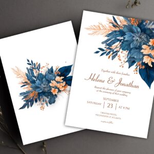 Floral Chic Indigo Rust Wedding Invitation