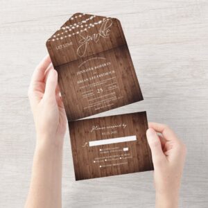 Rustic Barn Wood String Lights Wedding All In One Invitation