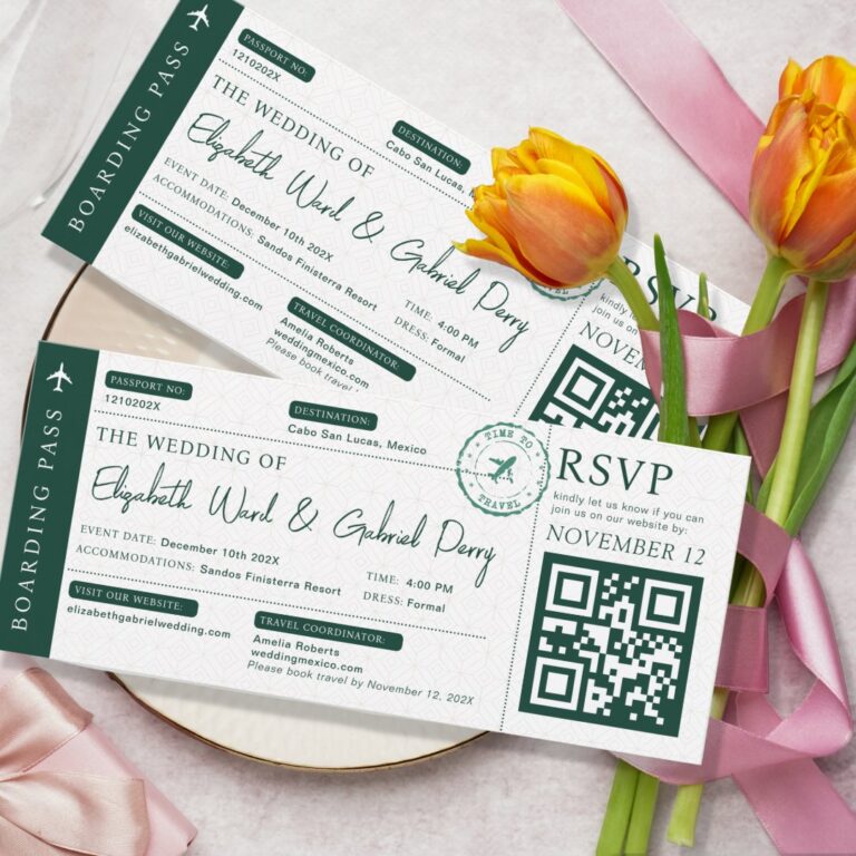 Boarding Pass Travel Emerald Green Wedding Invitation