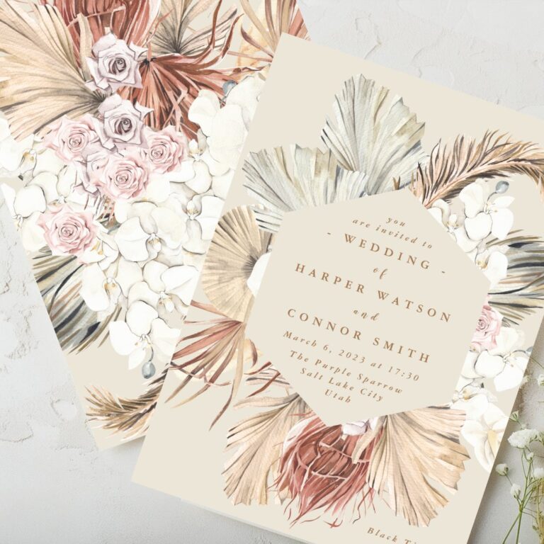 Cream Pampas Dried Grass Floral Jungle Wedding Invitation