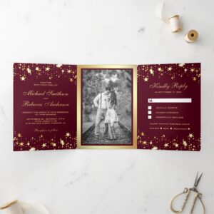 Gold Foil Stars Confetti Burgundy Wedding Tri-Fold Invitation