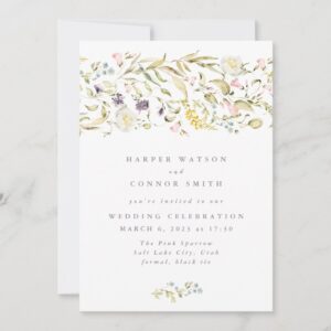 Boho Spring Wild Botanical Florals Stripe Wedding Invitation