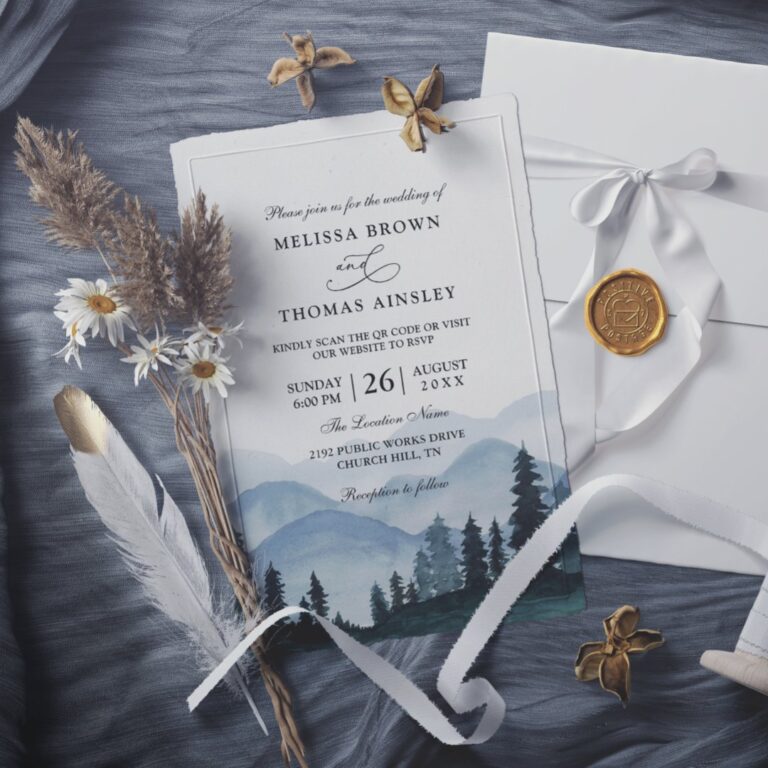 Rustic Mountain Forest Budget QR Code Wedding Invitation