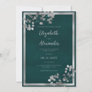 Dark green silver eucalyptus leaf elegant wedding invitation