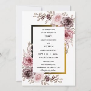 Pink and Brown Elegant Rose Floral Wedding Invitation