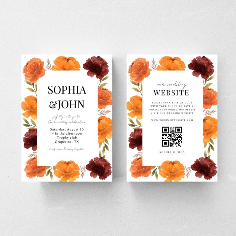 Watercolor Fall Floral QR Code All in One Wedding Invitation