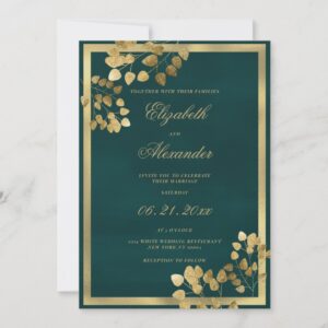 Classic dark green gold eucalyptus elegant wedding invitation