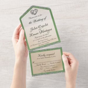 Elegant White, Sage Green Ribbon, Sparkle & Heart All In One Invitation