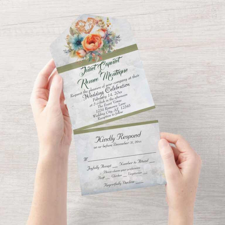 Wildflowers, Heart & Sage Ribbon All In One Invitation