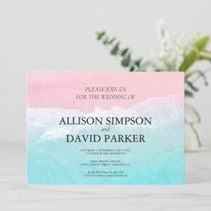 Summer Blue, Pink Ocean Beach Wedding Invitation