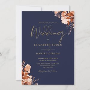 Navy Blue And Gold QR Code Fall Wedding Invitation