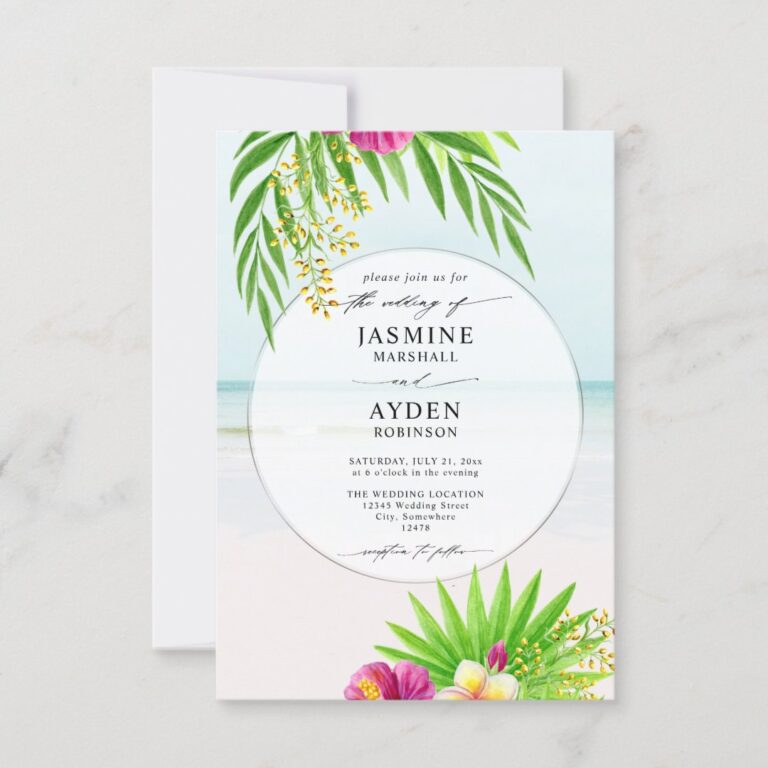 Tropical Floral Beach Budget QR Code Wedding Invitation