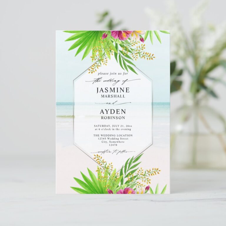 Tropical Floral Beach Budget QR Code Wedding Invitation