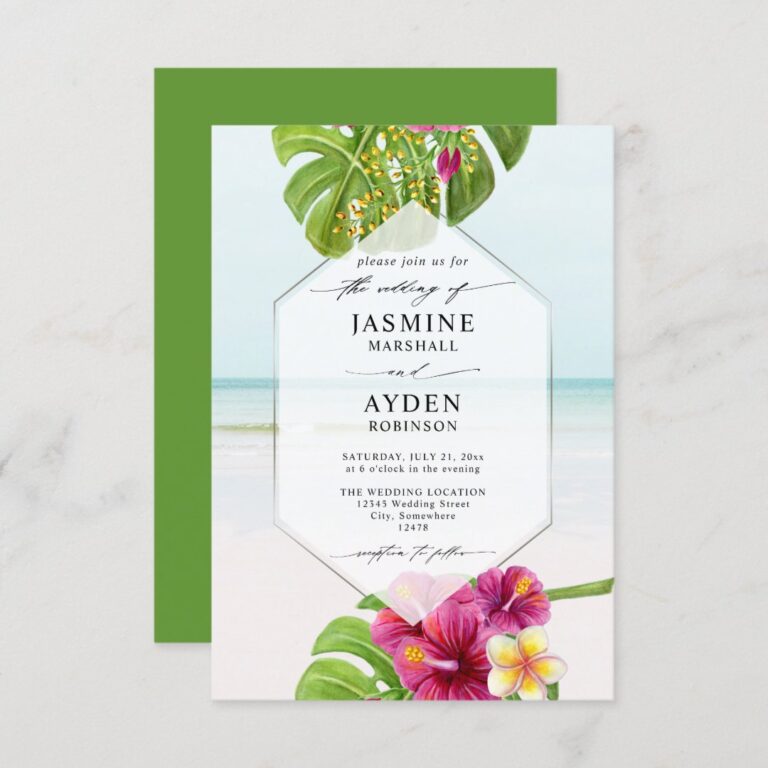 Tropical Floral Beach Budget QR Code Wedding Invitation