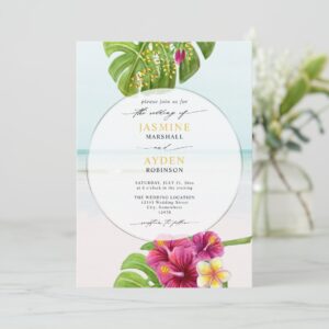 Tropical Floral Beach Budget QR Code Wedding Invitation