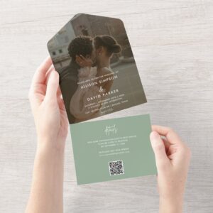 Minimalist Sage Green Photo QR Code All In One Invitation