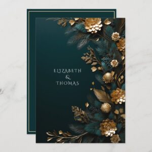 Winter Wedding Pine Cones with Gold Pine Needles Invitation