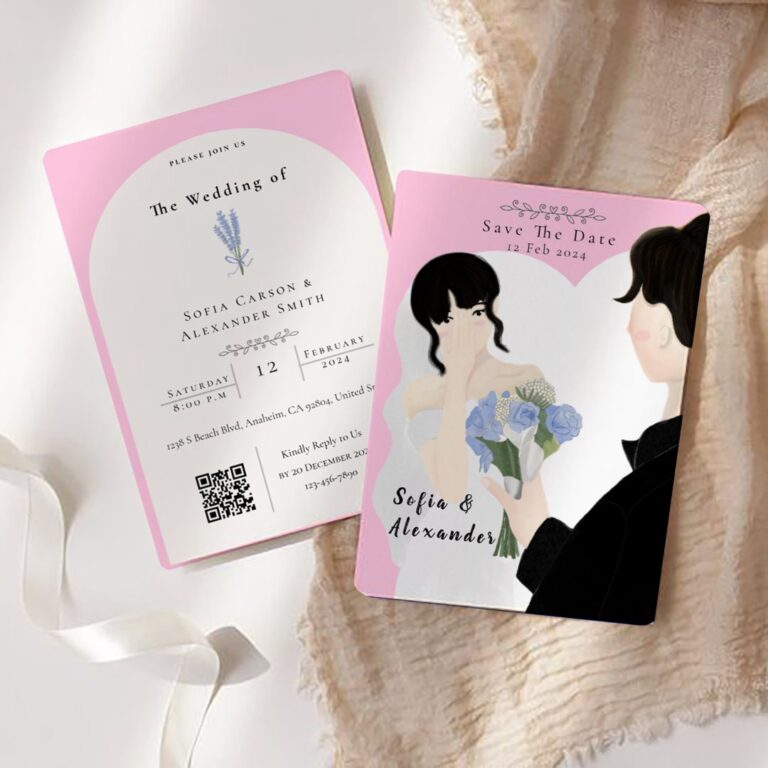 Cute Illustration With QR Code RSVP Wedding Invitation