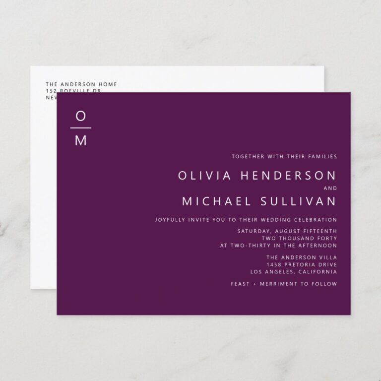 Minimalist Typography Monogram Purple Wedding Invitation Postcard