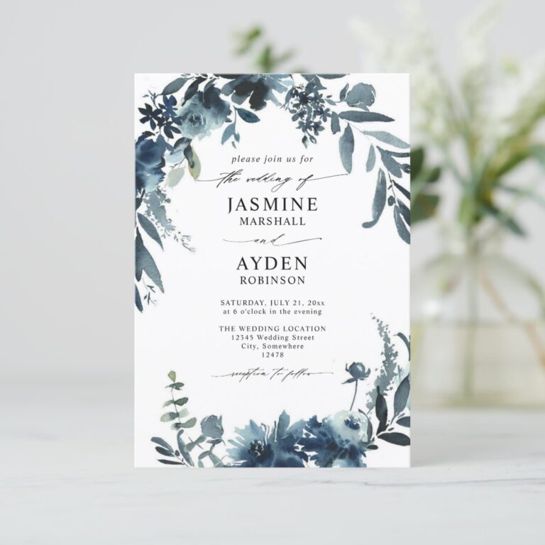 Indigo Flowers Navy Rustic Budget QR Code Wedding Invitation