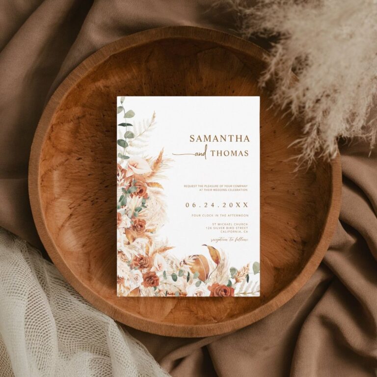 Boho Terracotta Botanical Pampas Elegance Wedding Invitation