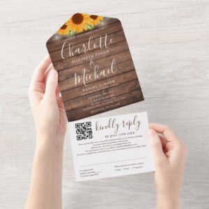 Rustic String Lights QR Code Sunflowers Wedding All In One Invitation