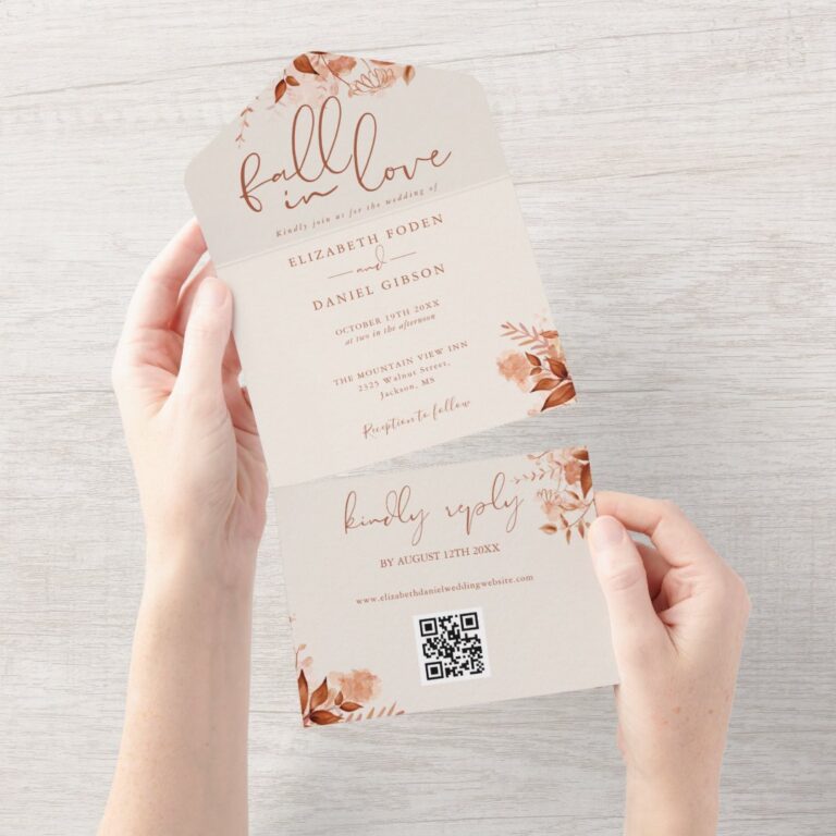 Rustic Fall In Love Floral QR Code Wedding All In One Invitation