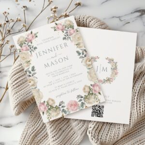 Elegant White Pink Roses Floral Wreath Wedding Invitation