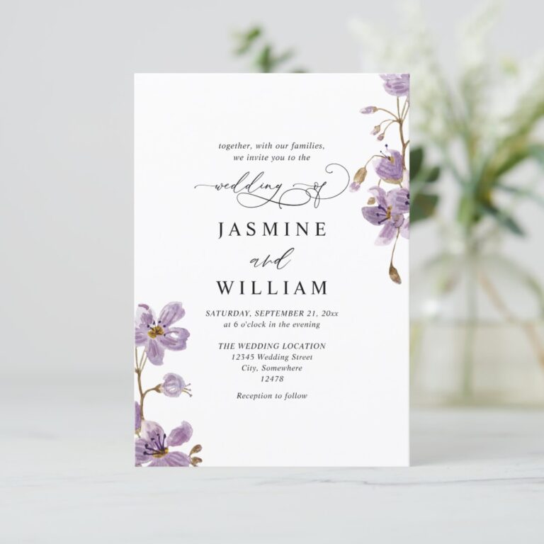 Purple Flowers Elegant Budget QR Code Wedding Invitation