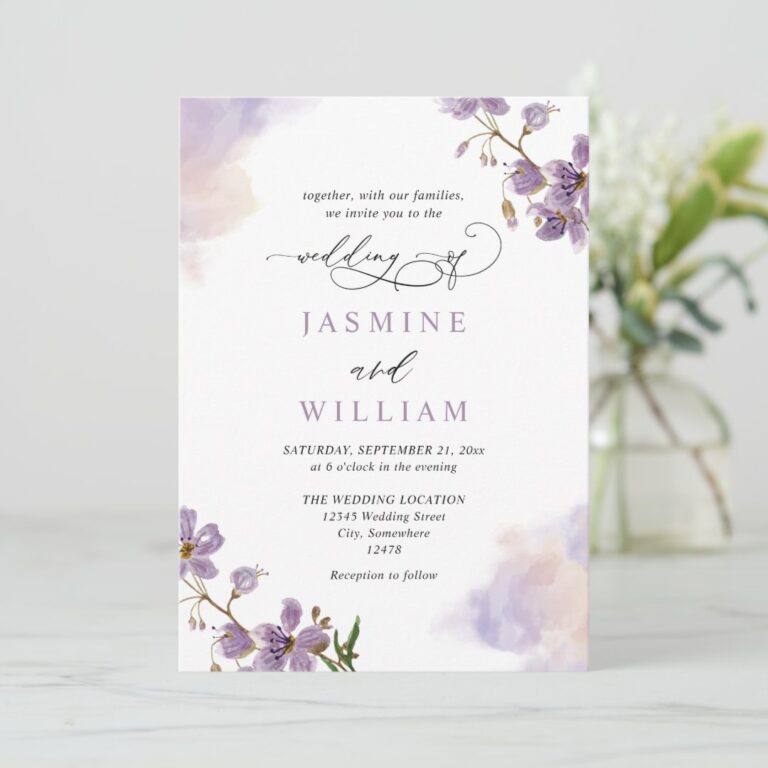 Elegant Purple Floral Chic Budget QR Code Wedding Invitation