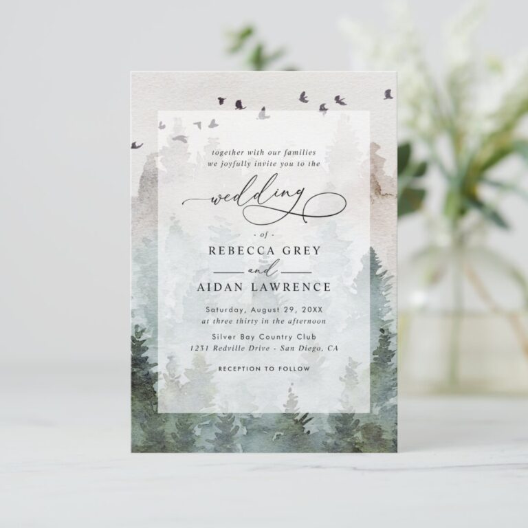 Pine Tree Forest Rustic Budget QR Code Wedding Invitation