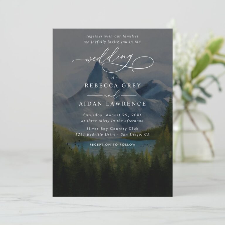 Rustic Mountain Lake Forest Budget QR Code Wedding Invitation