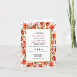 Red Poppies with Gold Frame Wedding Invitation