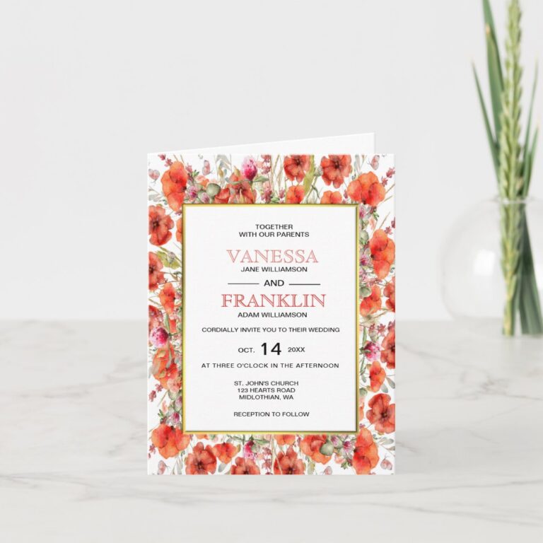 Red Poppies with Gold Frame Wedding Invitation