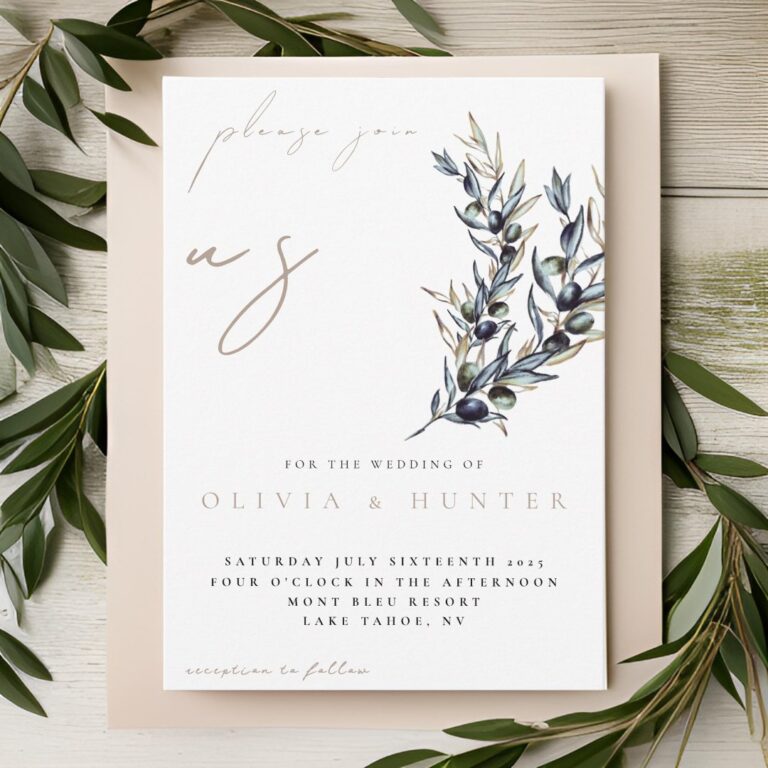 Elegant Watercolor Olive Branch Wedding Invitation