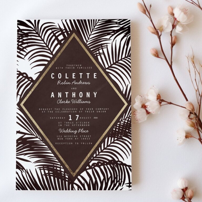 Modern dark burgundy tropical palm Wedding Invitation