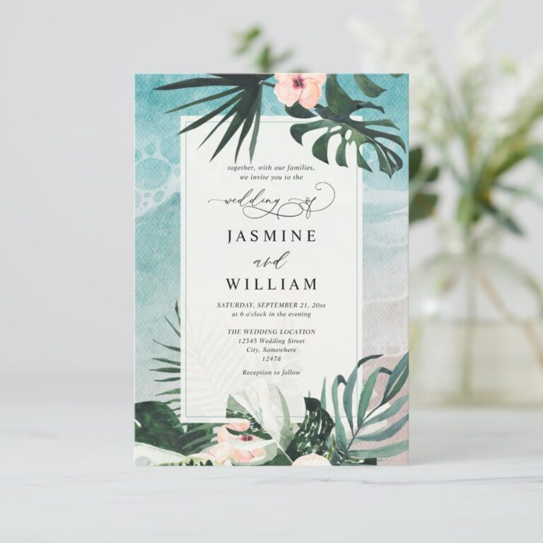 Watercolor Tropical Beach Budget QR Code Wedding Invitation