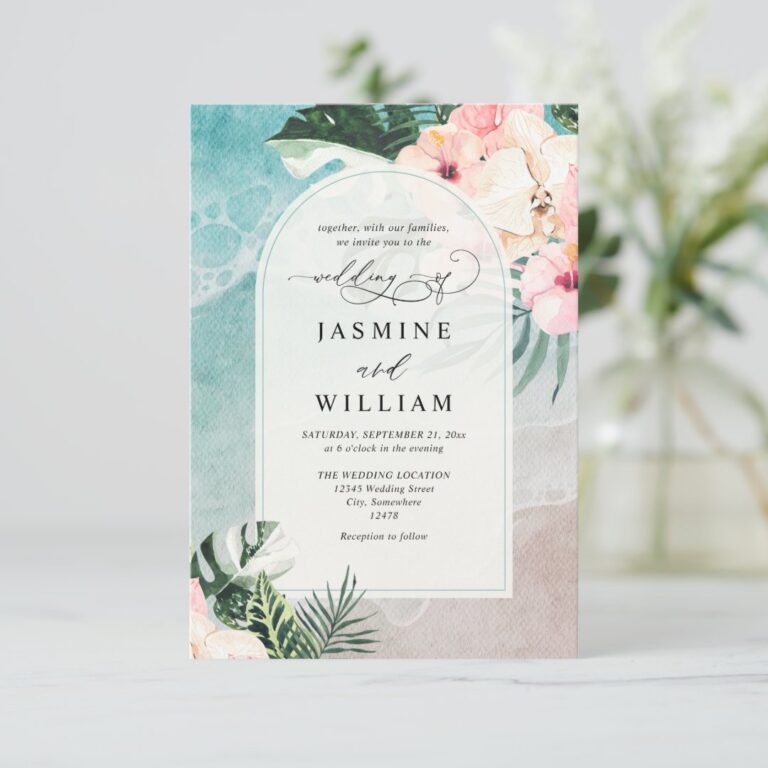 Watercolor Tropical Beach Budget QR Code Wedding Invitation