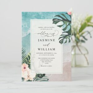 Watercolor Tropical Beach Budget QR Code Wedding Invitation