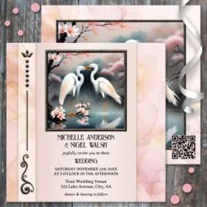 Japanese Cranes Egret Romantic Wedding Invitation